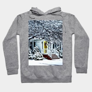 House With Yellow Door in Winter Hoodie